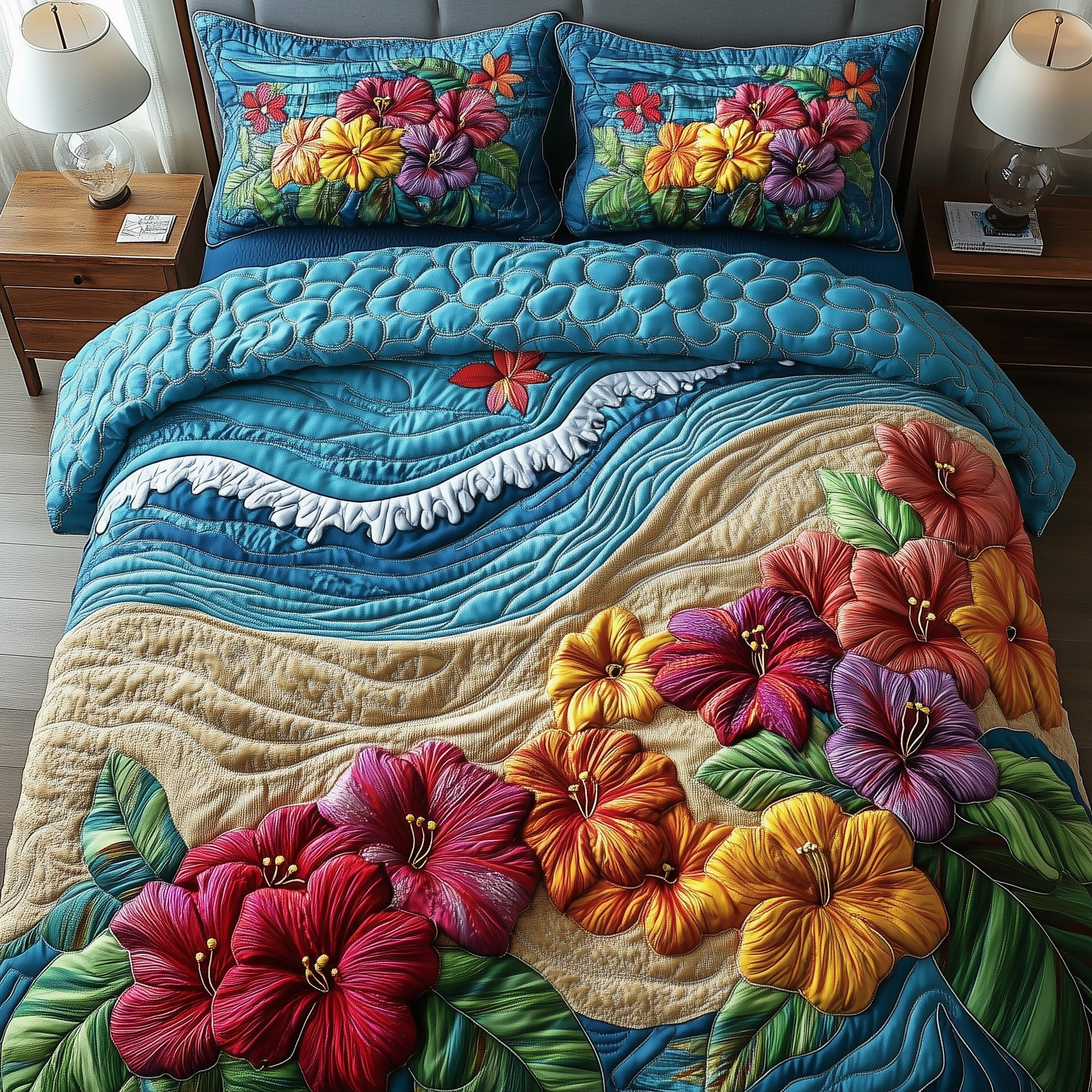 Hibiscus Shoreline Quilted Bedding Set Hawaiian Hibiscus Beach And Blossom Bedding Gifts