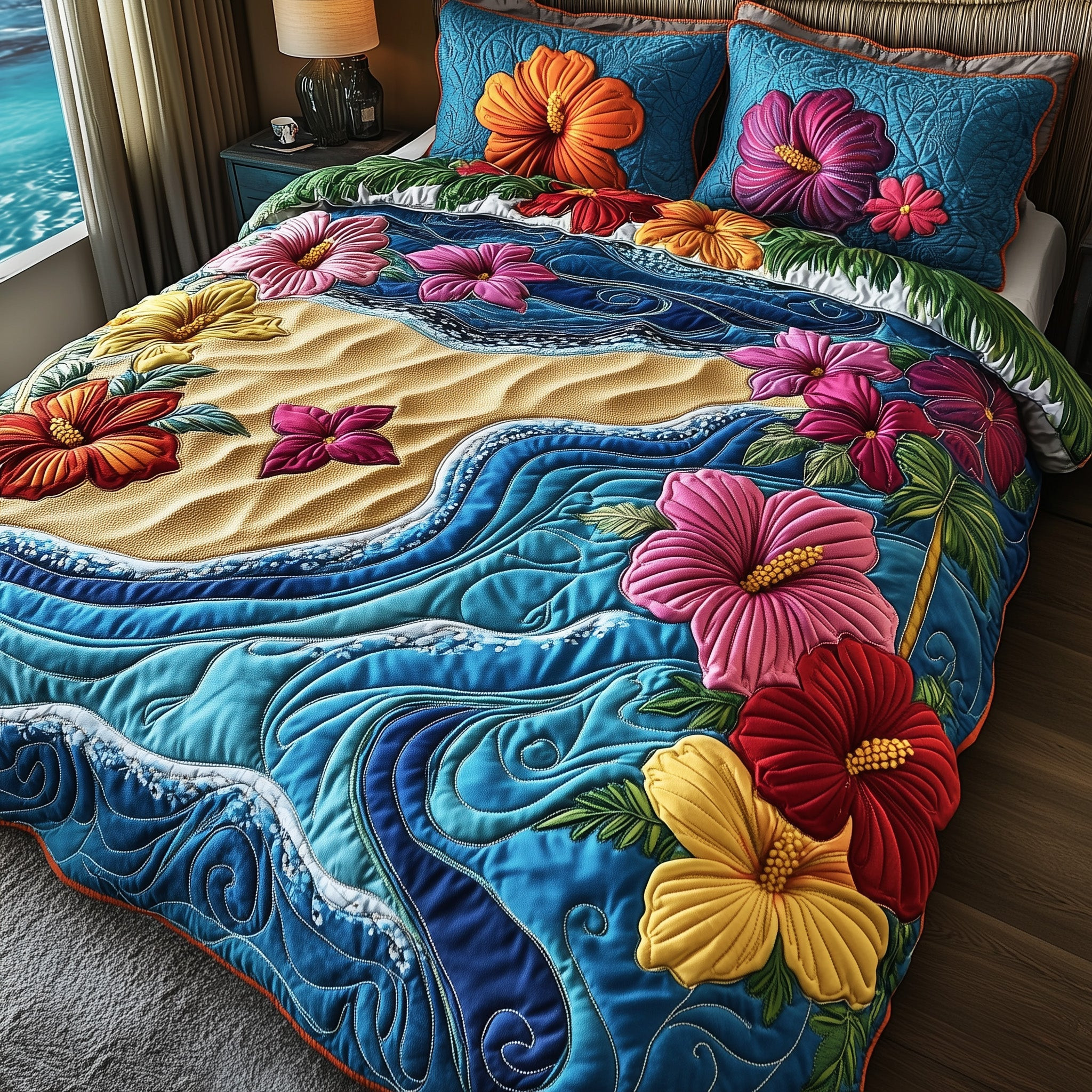 Hibiscus Shoreline Quilted Bedding Set Hawaiian Hibiscus Blossom Flowers Bedding Gifts
