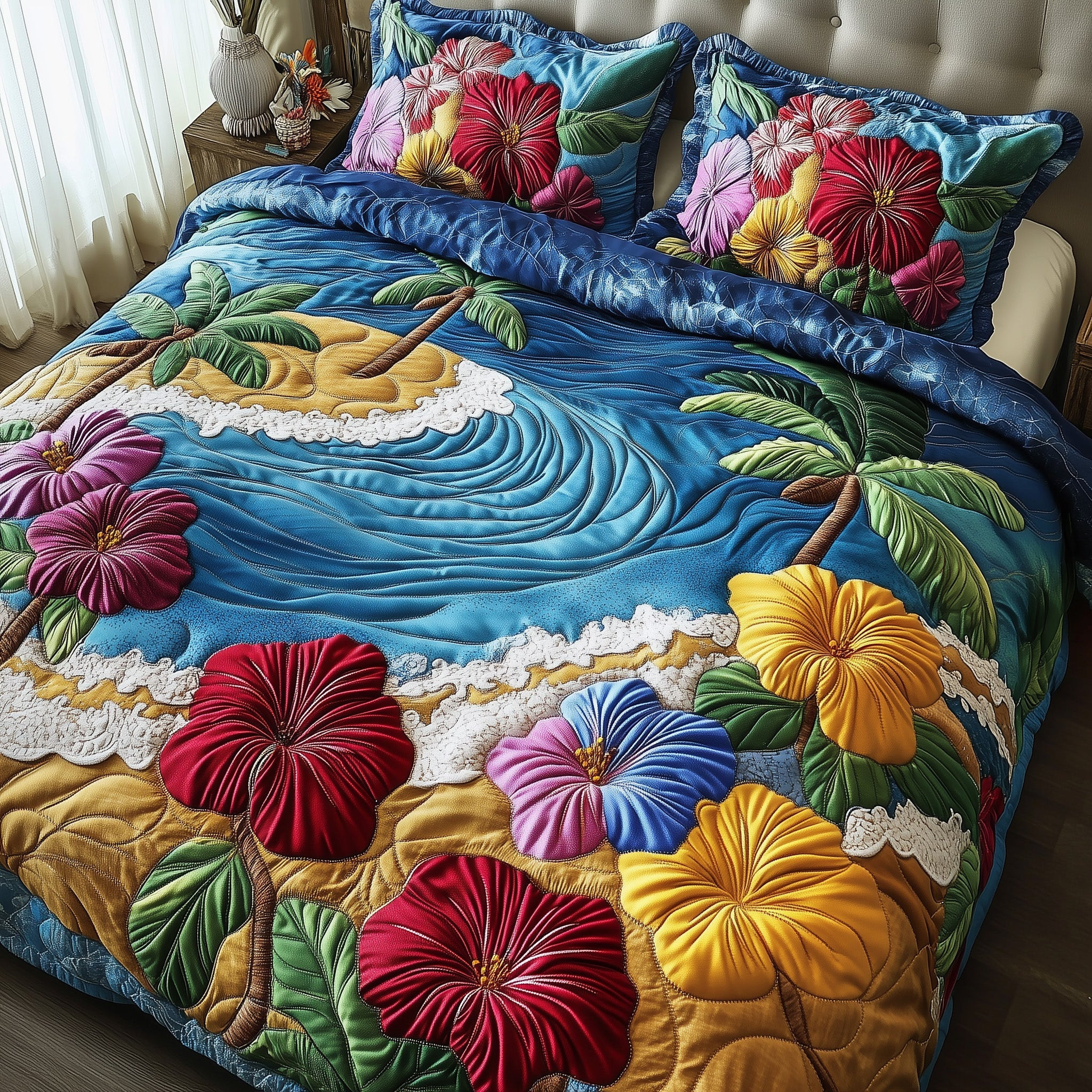Hibiscus Shoreline Quilted Bedding Set Hawaiian Hibiscus Blossom Flowers Bedding Presents