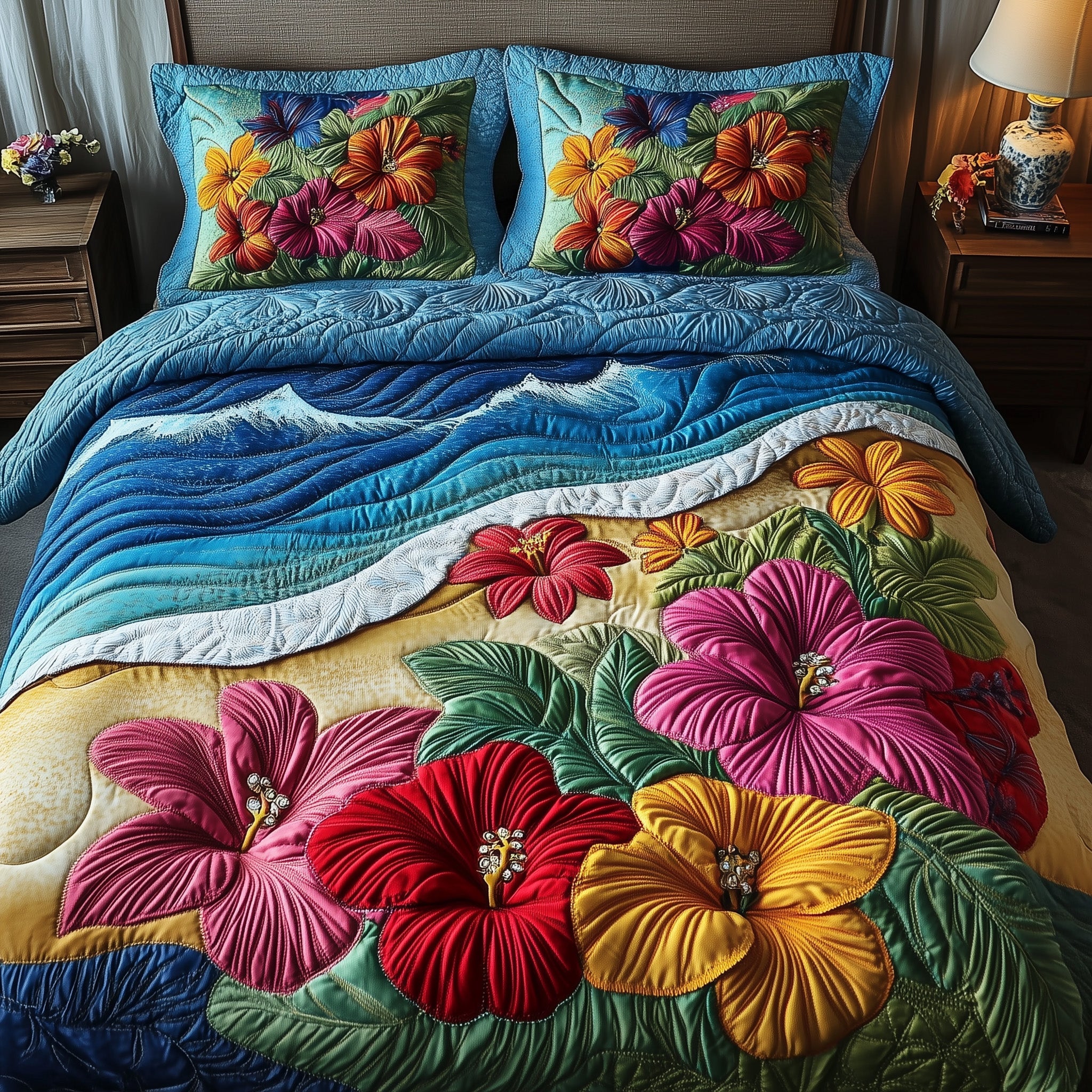 Hibiscus Shoreline Quilted Bedding Set Summertimes Seaside Holidays Gifts