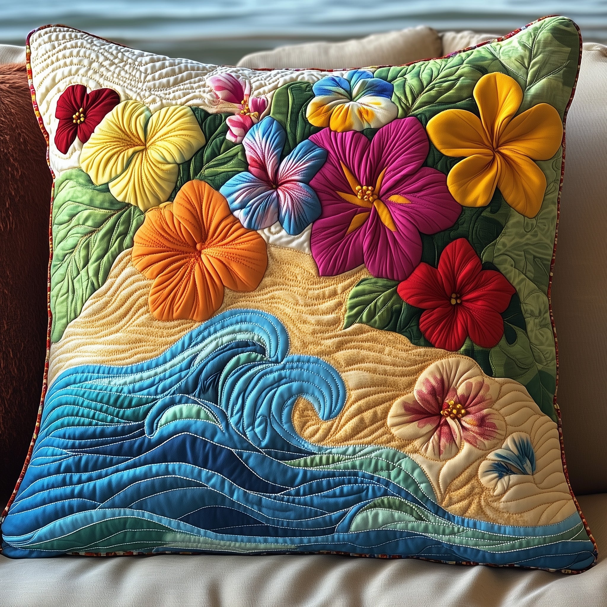 Hibiscus Shoreline Quilted Pillow Case Gift For Her(1)