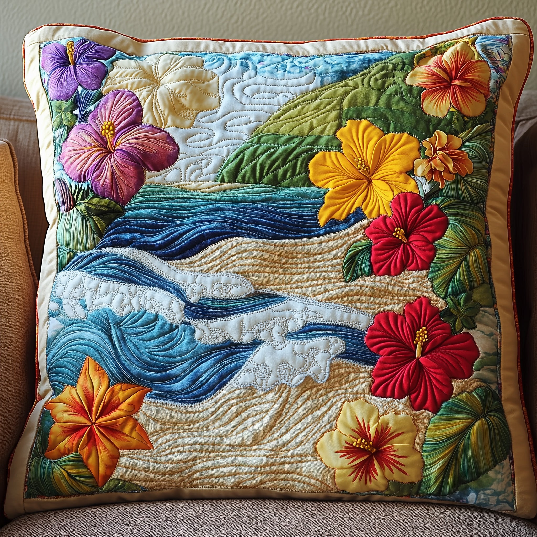 Hibiscus Shoreline Quilted Pillow Case Gift For Her