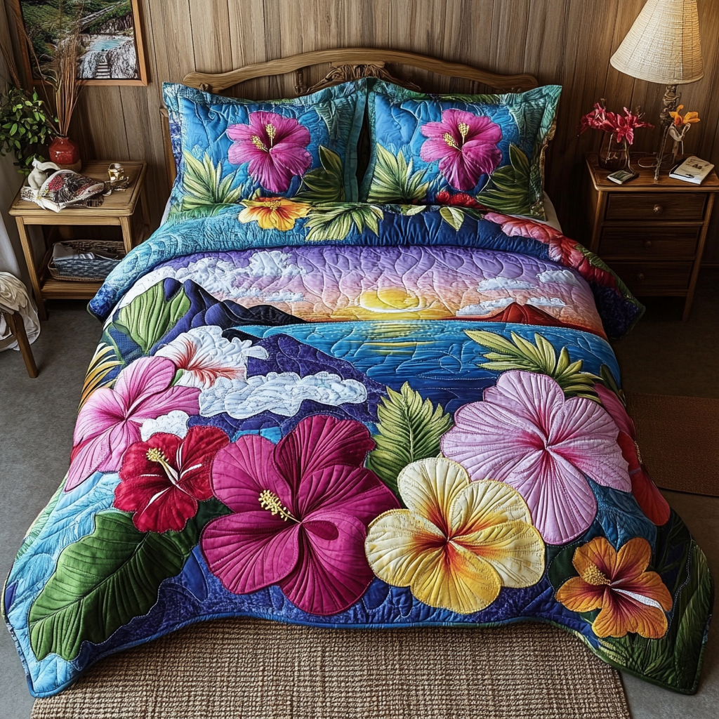 Hibiscus Sunset Quilted Bedding Set Unique Bed Sheet Set Gifts For Someone Who Loves The Beach