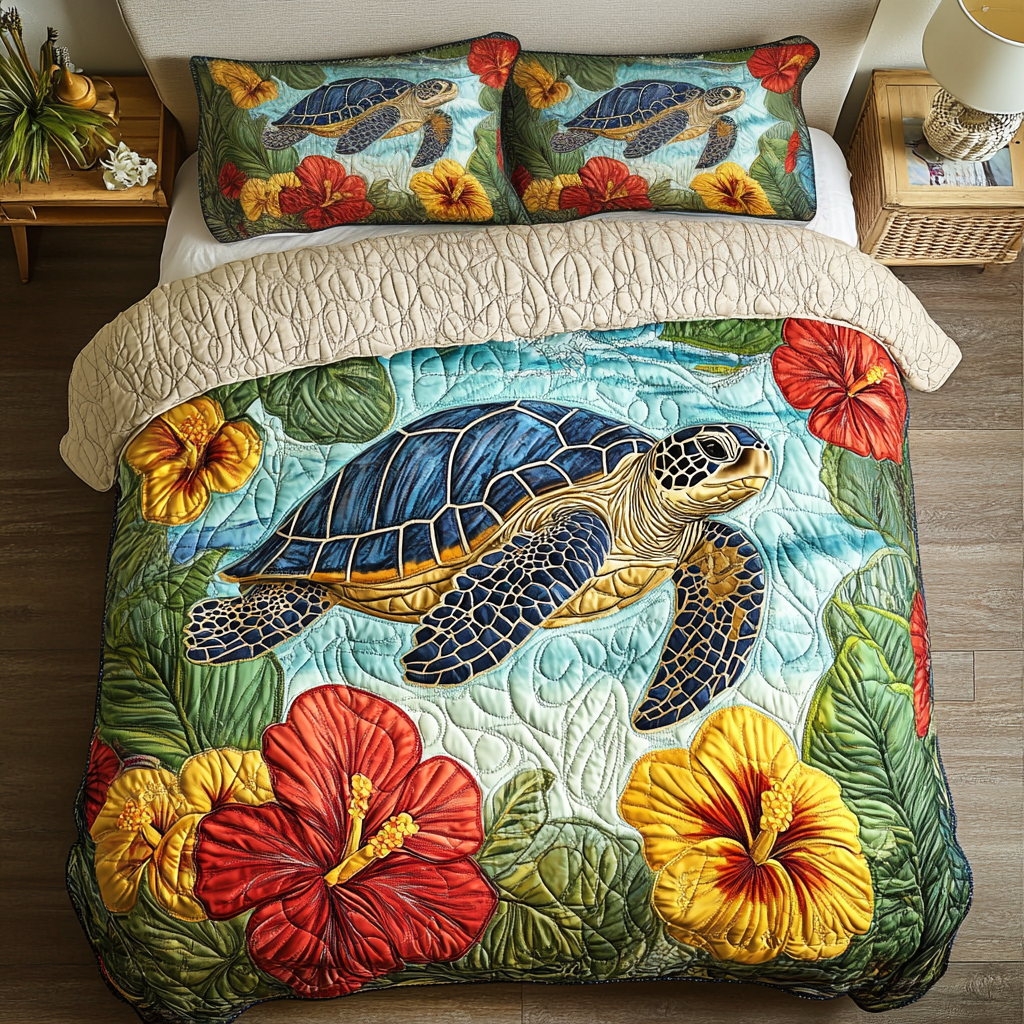 Hibiscus Tide Quilted Bedding Set Holiday Duvet Cover Set Sea Turtle Themed Gifts