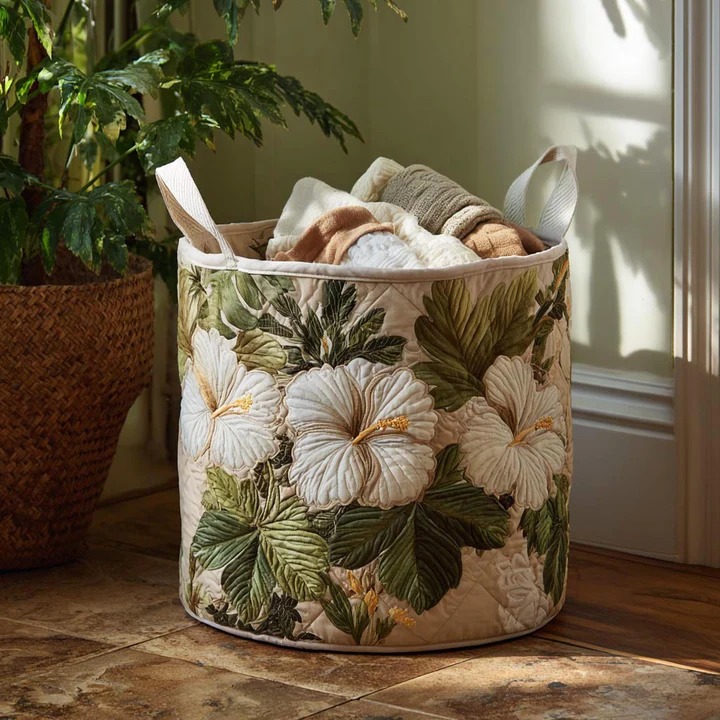 Hibiscus Tropical Flower Quilted Laundry Basket Hawaiian Home Decor Best Gift For Beach Lovers Fans