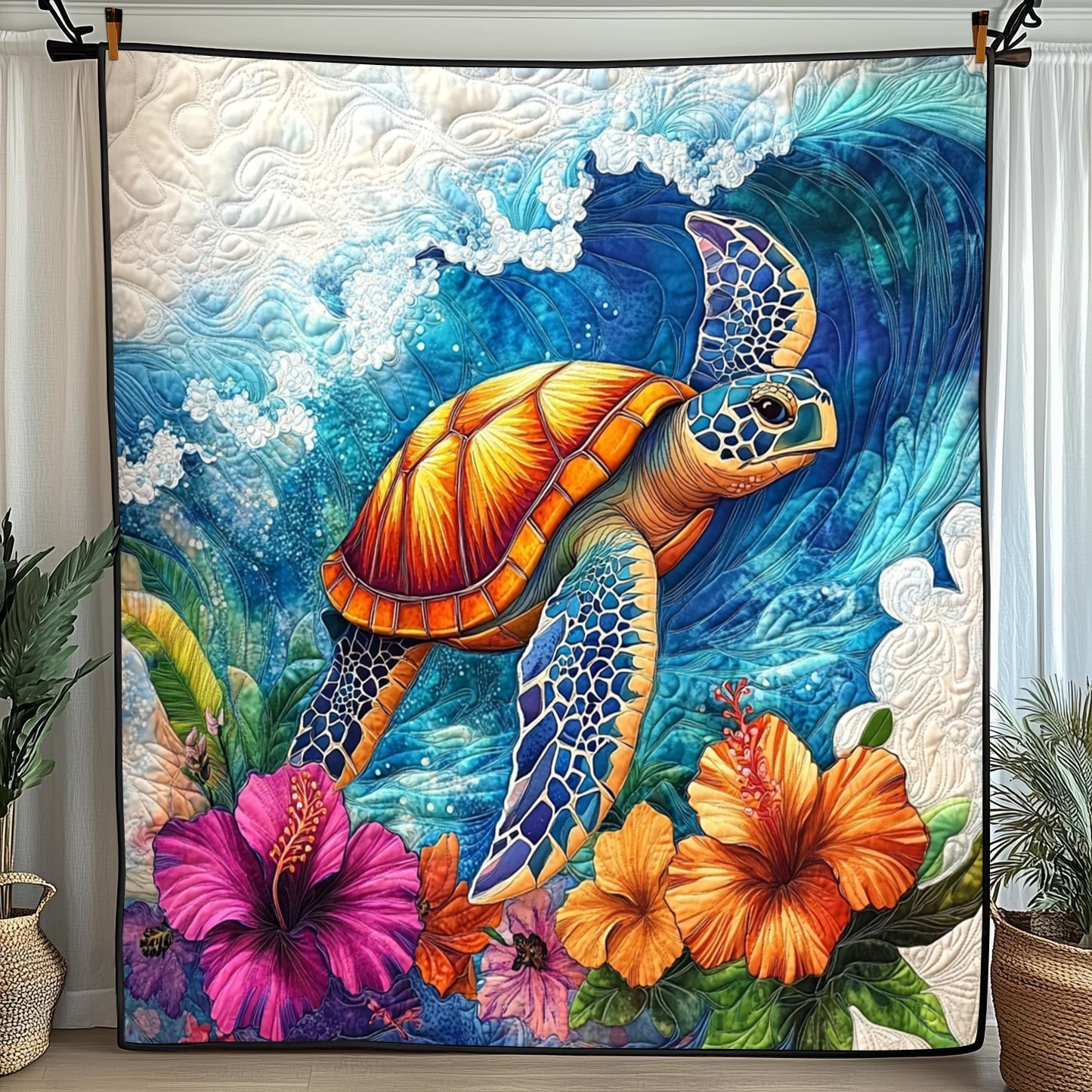 Hibiscus Turtle Quilted Blanket Summer Bedroom Decorations Gift For Grandma