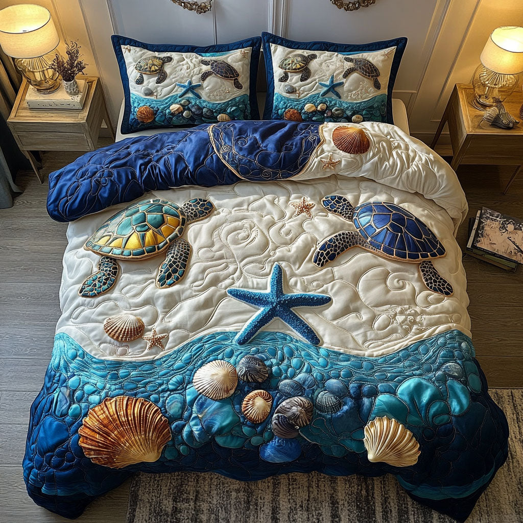 Hidden Turtle Haven Quilted Bedding Set Aesthetic Room Decor Sea Turtle Gift Ideas