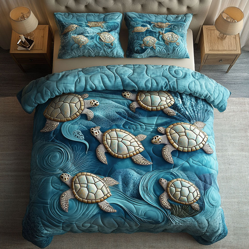 Hidden Turtle Haven Quilted Bedding Set Aesthetic Room Decor Sea Turtle Stuff