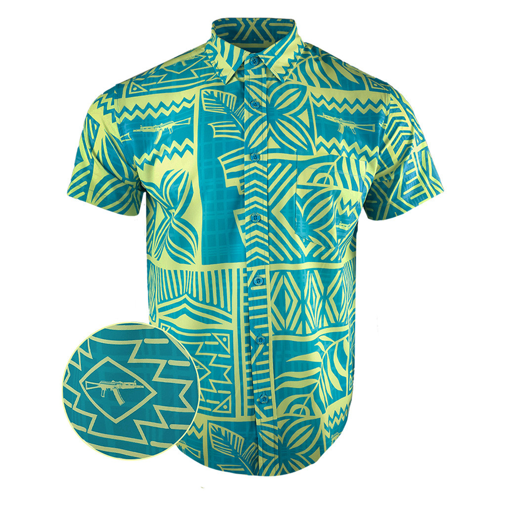 High Tide Teal Button Down Shirt Gun Print Hawaiian Shirt Birthday Gift For Husband