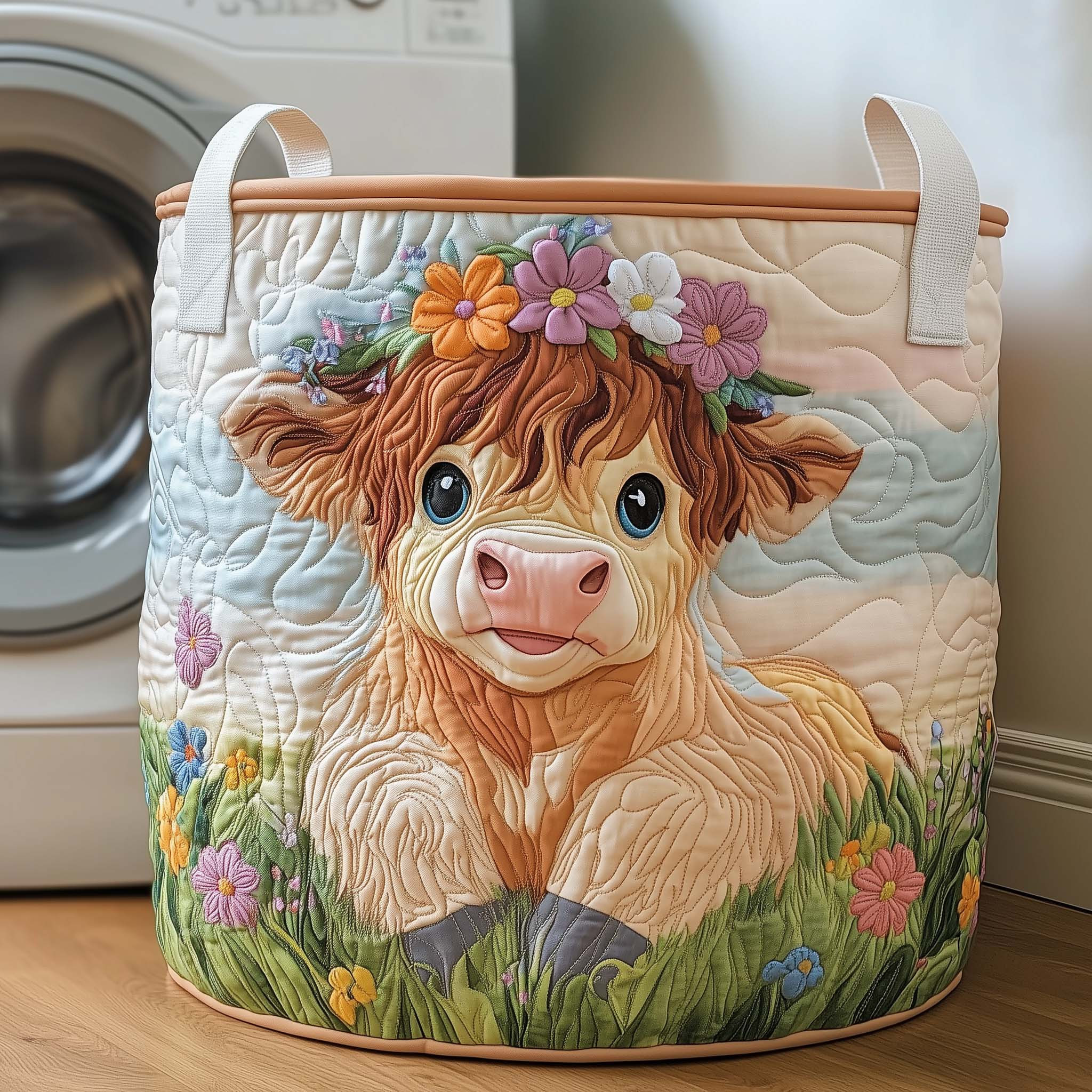 Highland Baby Charm Quilted Laundry Basket Flower Themed Animal Home Decor Cow Lover Gifts