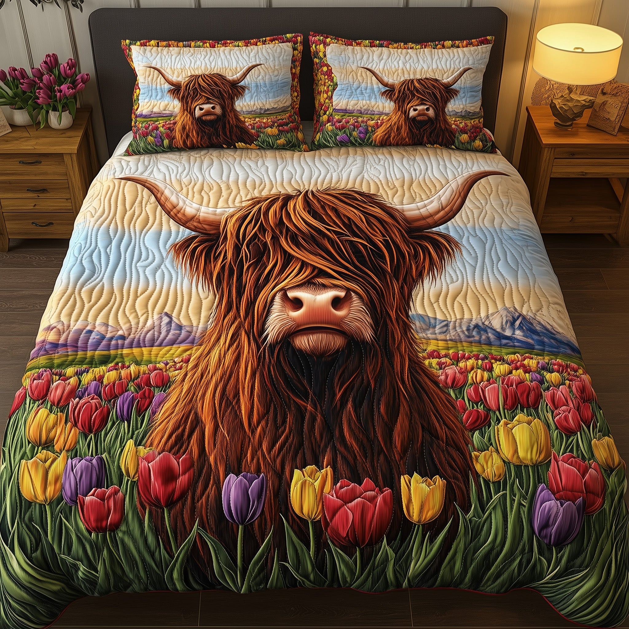 Highland Bloom Walk Quilted Bedding Set Duvet Cover Merchandise Highland Cow Presents