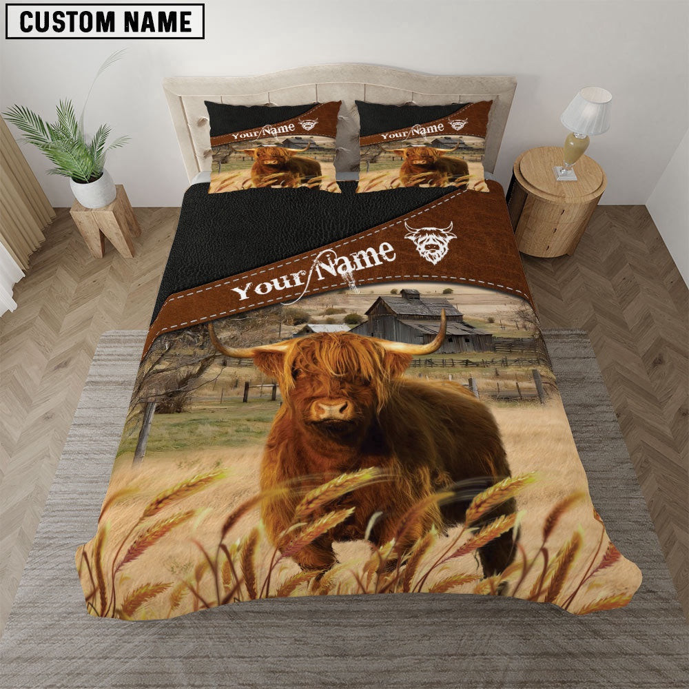 Highland Cattle On The Field Customized Name Bedding Set Anniversary Gifts For Couples