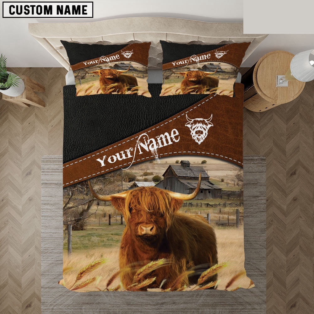 Highland Cattle On The Field Customized Name Bedding Set Anniversary Gifts For Couples