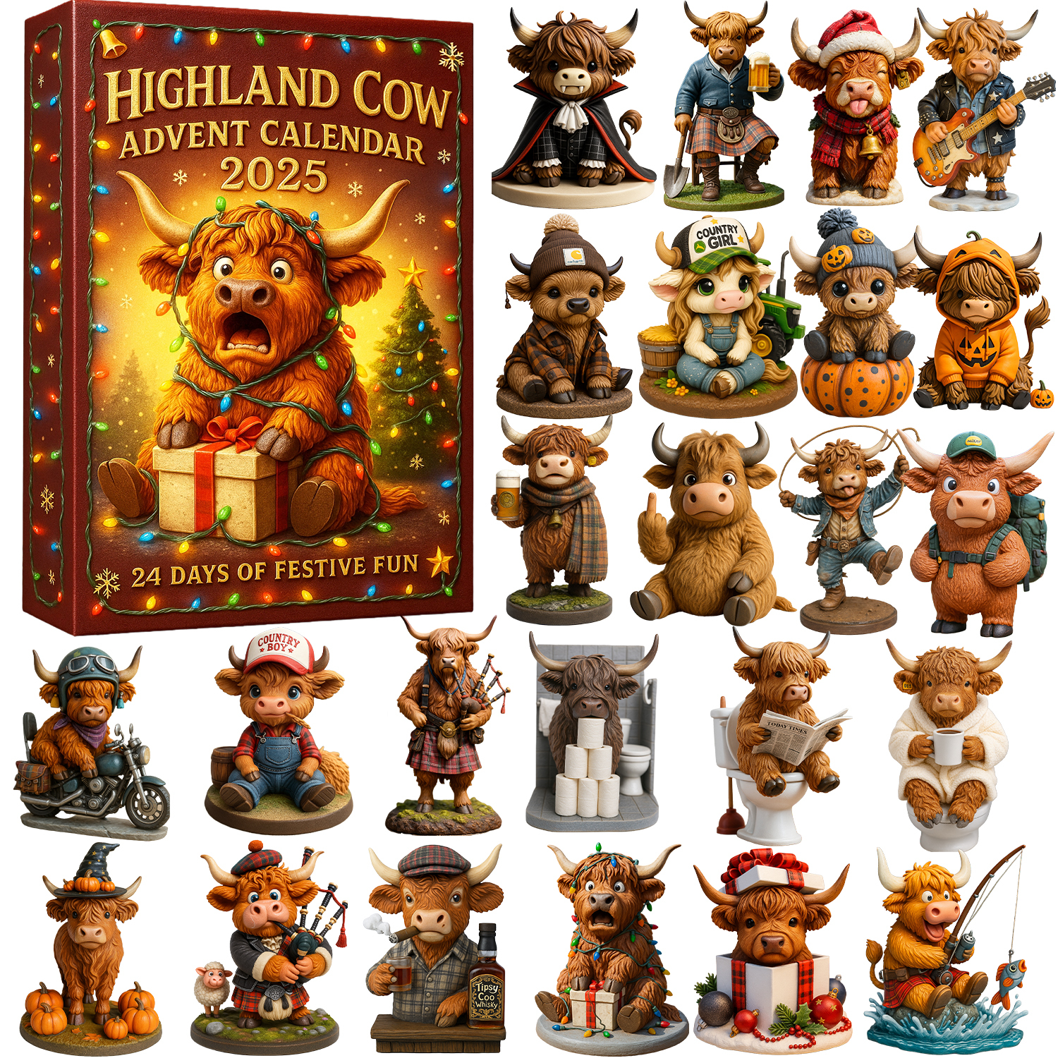 Highland Cow Advent Calendar Animal Themed Table Decor Christmas Gifts For Cow Lovers