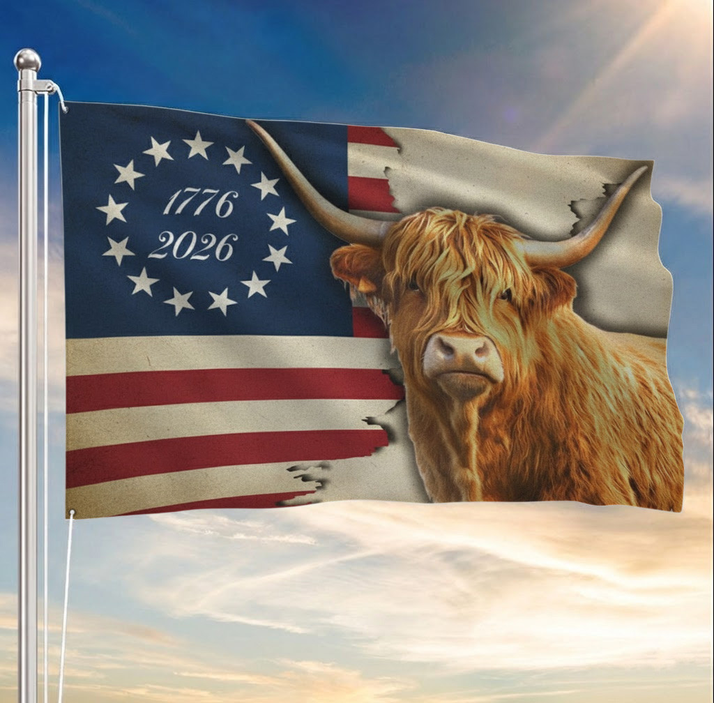 Highland Cow American Flag 250 Years Strong Farmhouse Patriotic Decor Gift Ideas