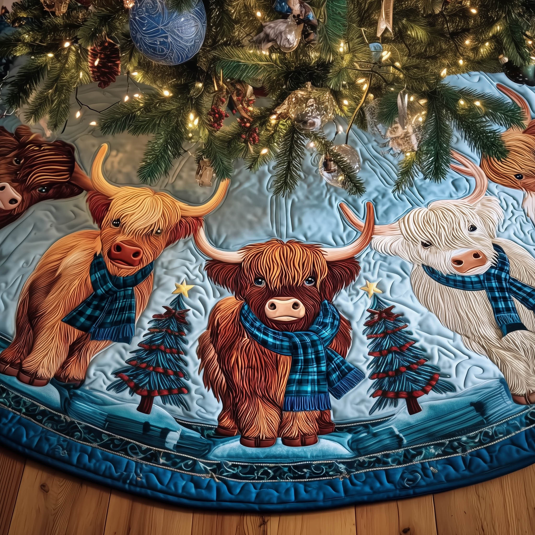 Highland Cow And Pine Tree Quilted Tree Skirt Christmas Room Decor Highland Cow Gifts