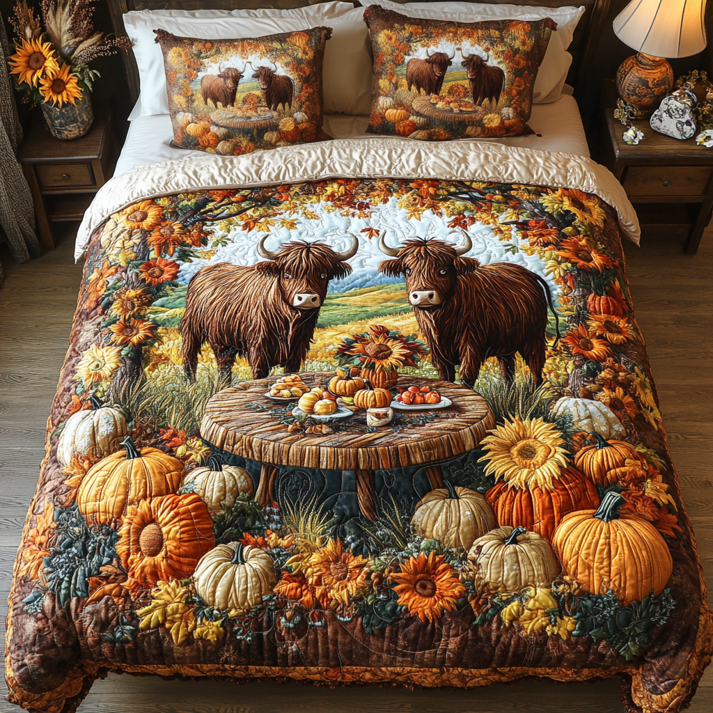 Highland Cow Bloom Quilted Bedding Set Holiday Season Duvet Cover Set Highland Cow Gifts For Women