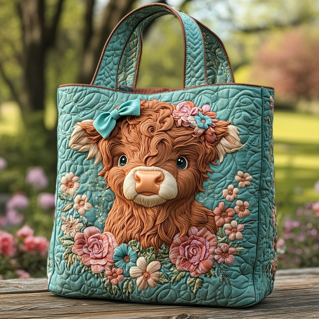 Highland Cow Bloom Quilted Tote Bag Unique Gifts For Cow Lovers
