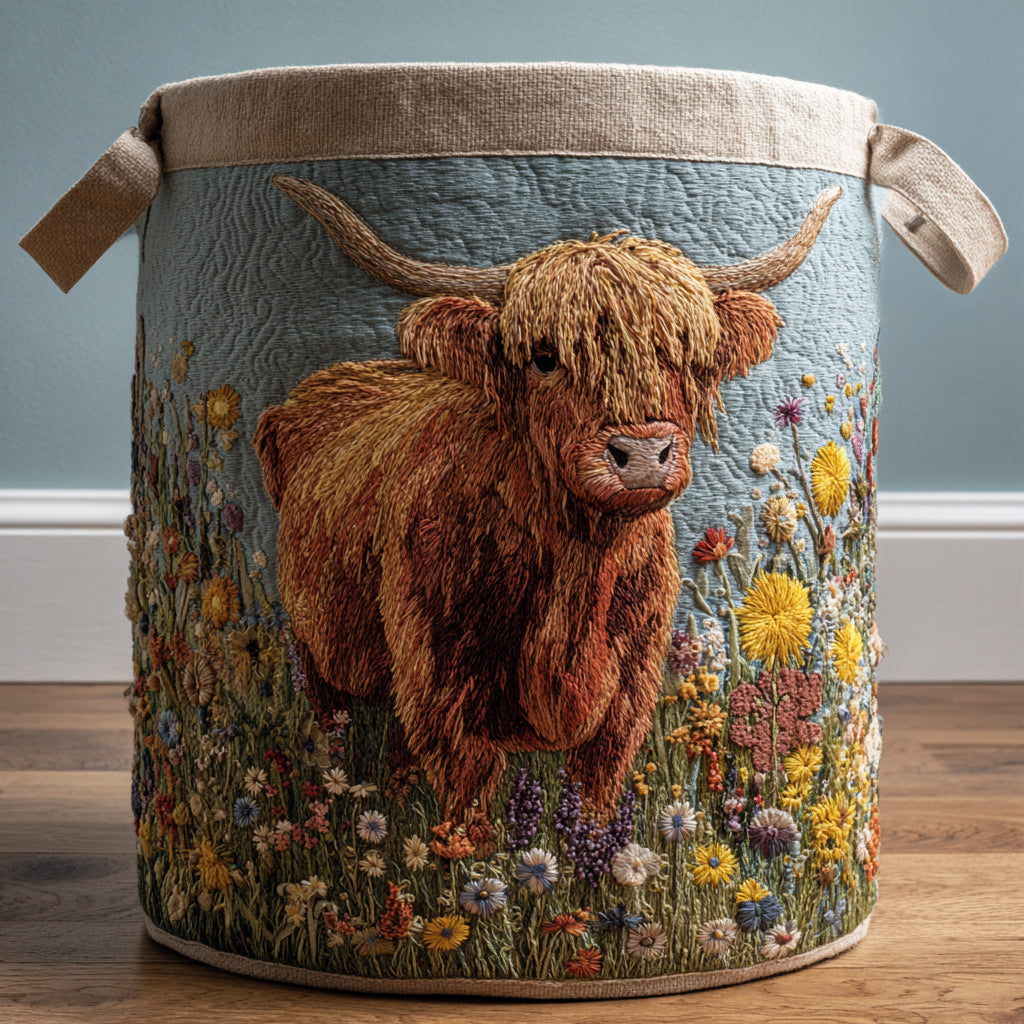 Highland Cow Blooms Quilted Laundry Basket Elegant Quilted Laundry Tote Gift for Daily Organization