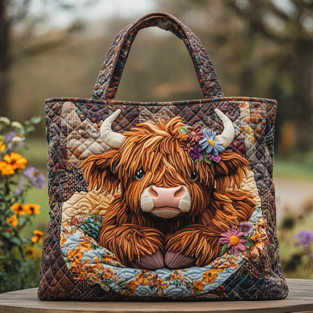 Highland Cow Blossom Quilted Tote Bag Best Gifts For Cow Lovers