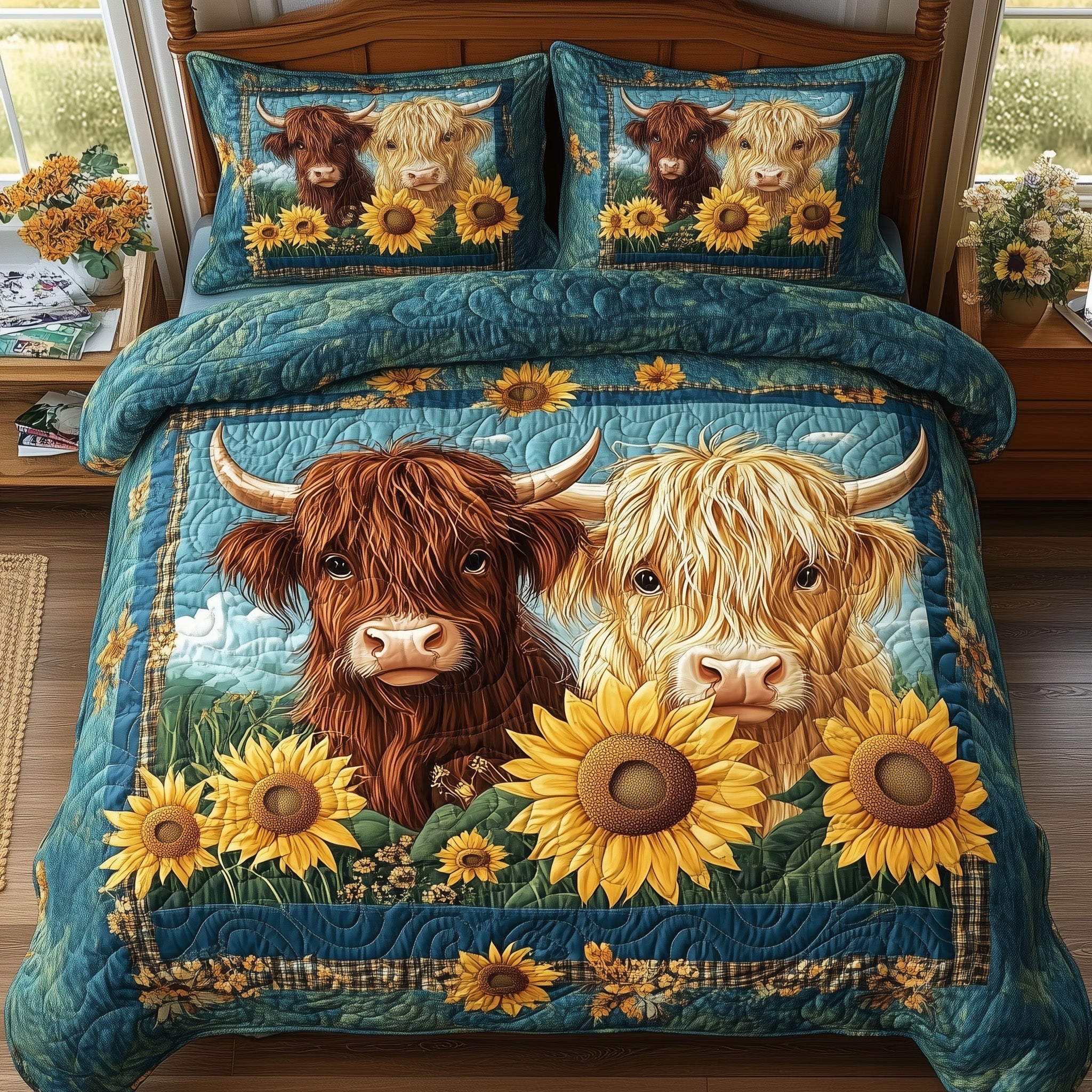 Highland Cow Buddy Quilted Bedding Set Duvet Cover Bedspread Gifts For Cow Lovers