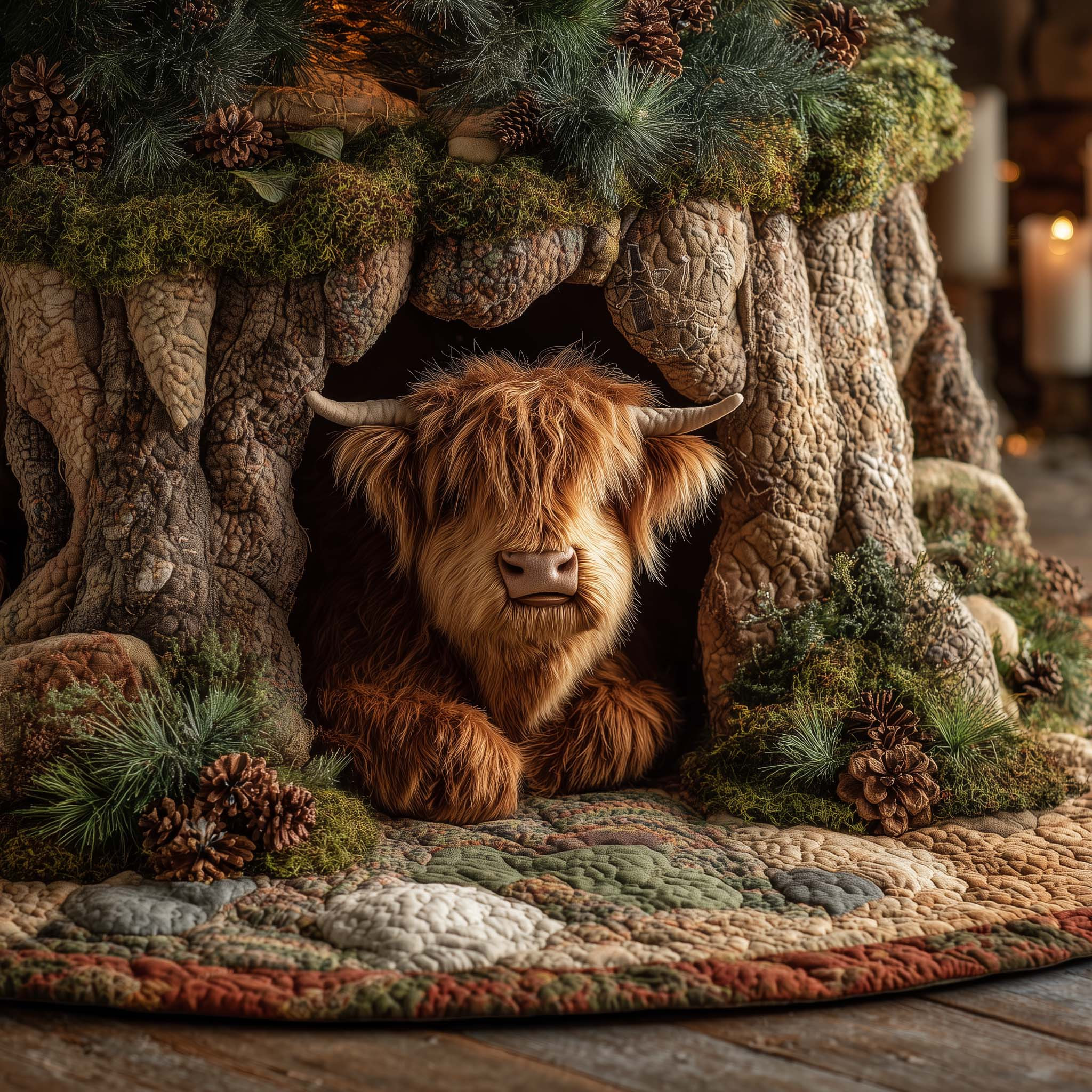 Highland Cow Calf Quilted Tree Skirt Animal Home Decor Xmas Gifts For Cow Owners