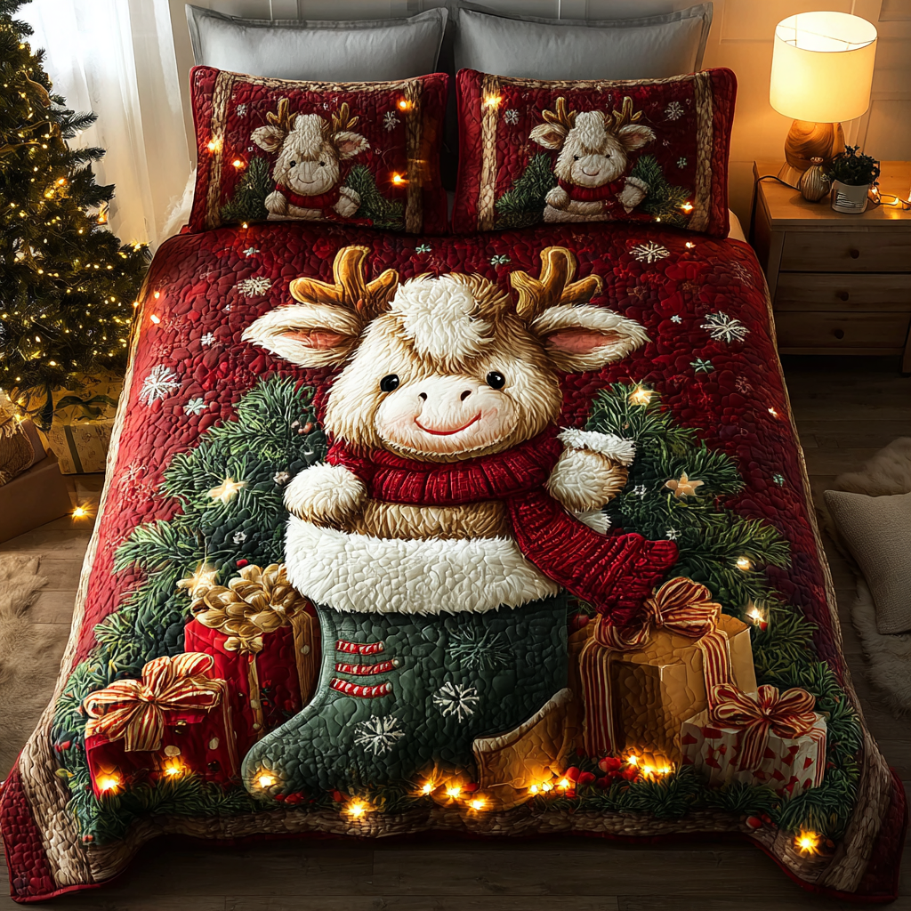 Highland Cow Charm Quilted Bedding Set Christmas Bed Sheets Highland Cow Merchandise