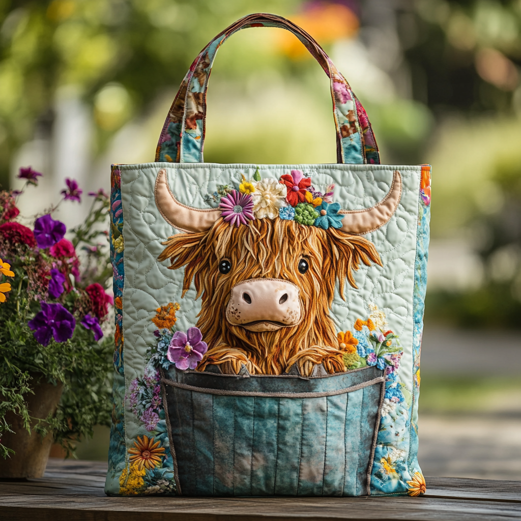 Highland Cow Charm Quilted Tote Bag Cow Print Pillow Cases