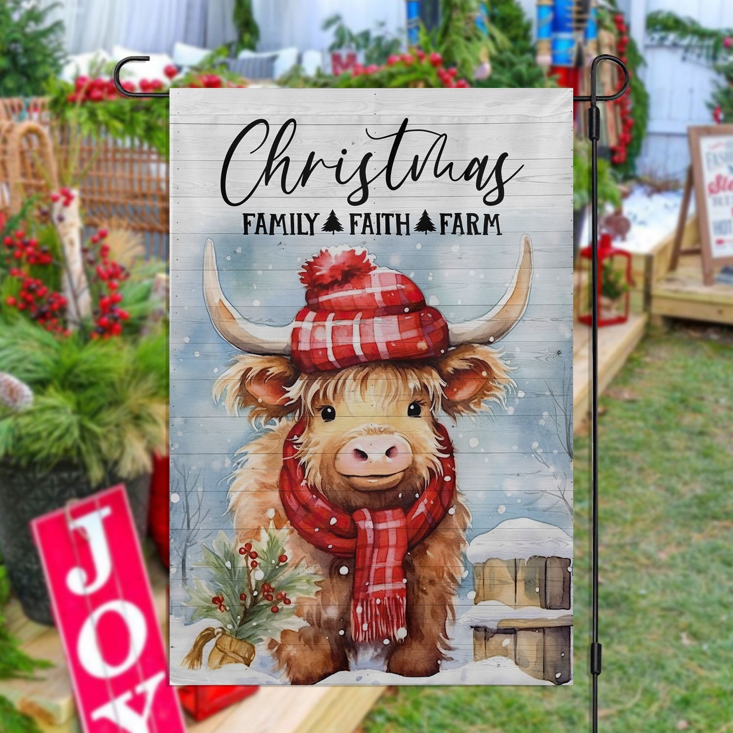 Highland Cow Christmas Family Faith Farm Xmas Flag Christmas Decor Gift Highland Cow Lovers