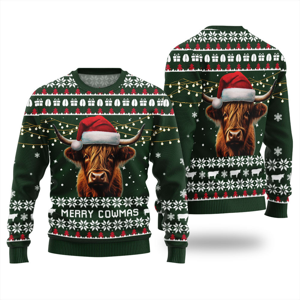Highland Cow Christmas Sweater Forest Green Merry Christmas Sweatshirt for Holiday Fun