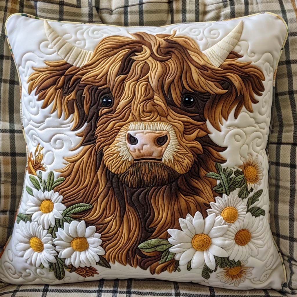 Highland Cow Daisy Delight Quilted Pillow Case Animal Home Decor Gifts For Cow Lovers