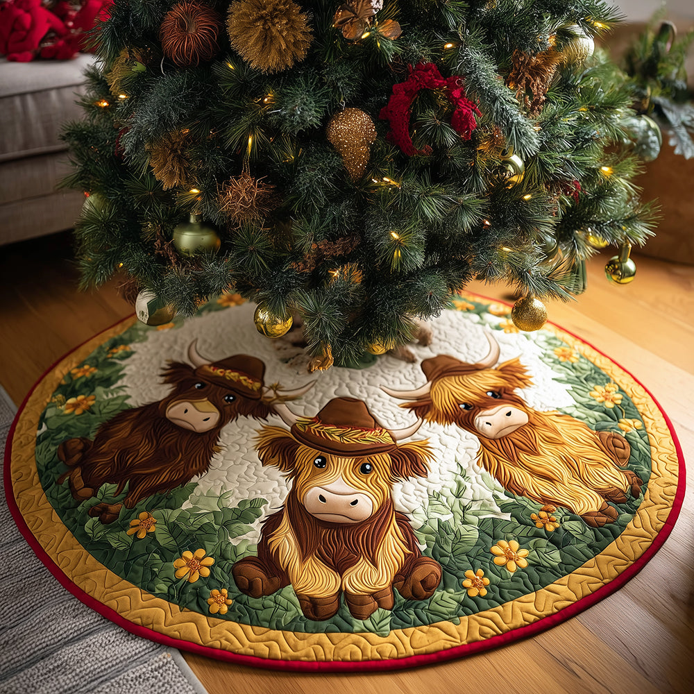 Highland Cow Delight Christmas Quilted Tree Skirt Xmas Tree Decor Cow Gifts For Cow Lovers