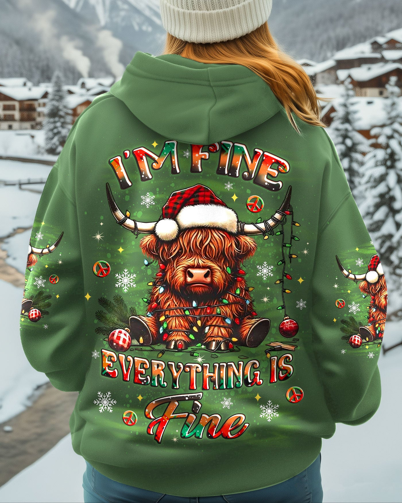 Highland Cow Everything Is Fine Christmas Hoodie Funny Holiday Pullover Cow Gifts For Xmas