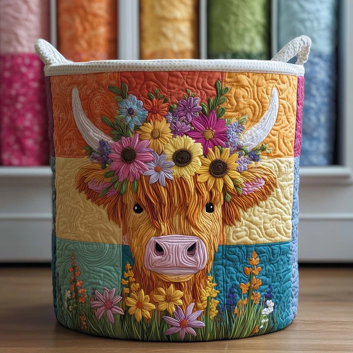 Highland Cow Flower Crown Quilted Laundry Basket Farmhouse Home Decor Best Gift For Highland Cow Lovers