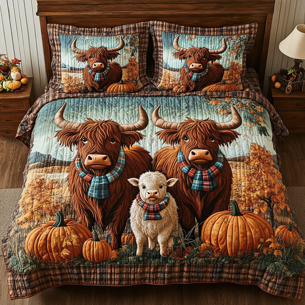 Highland Cow Harvest Quilted Bedding Set Holiday Duvet Cover Set Best Highland Cattle Gifts Items