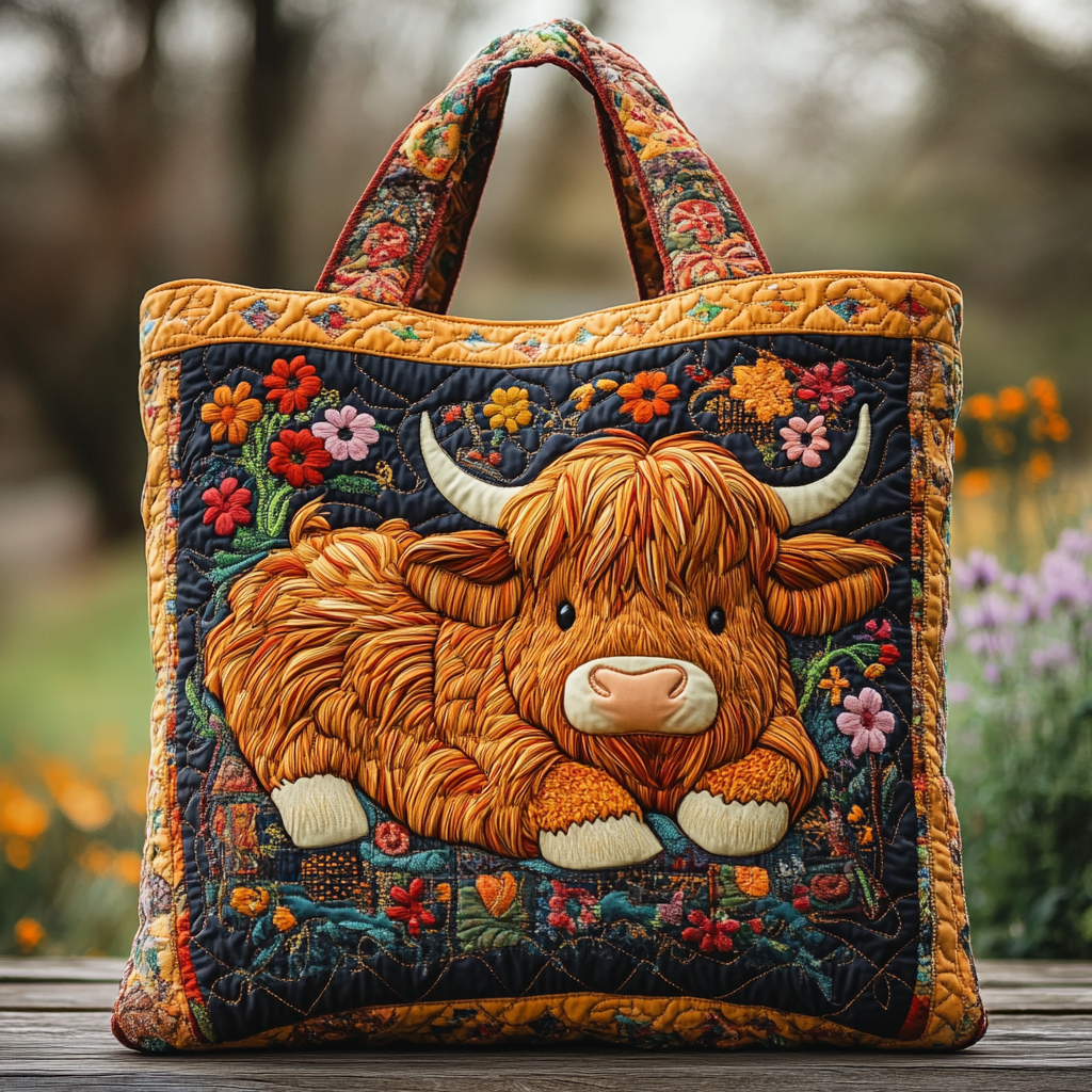 Highland Cow Haven Quilted Tote Bag Cow Lover Gift Ideas