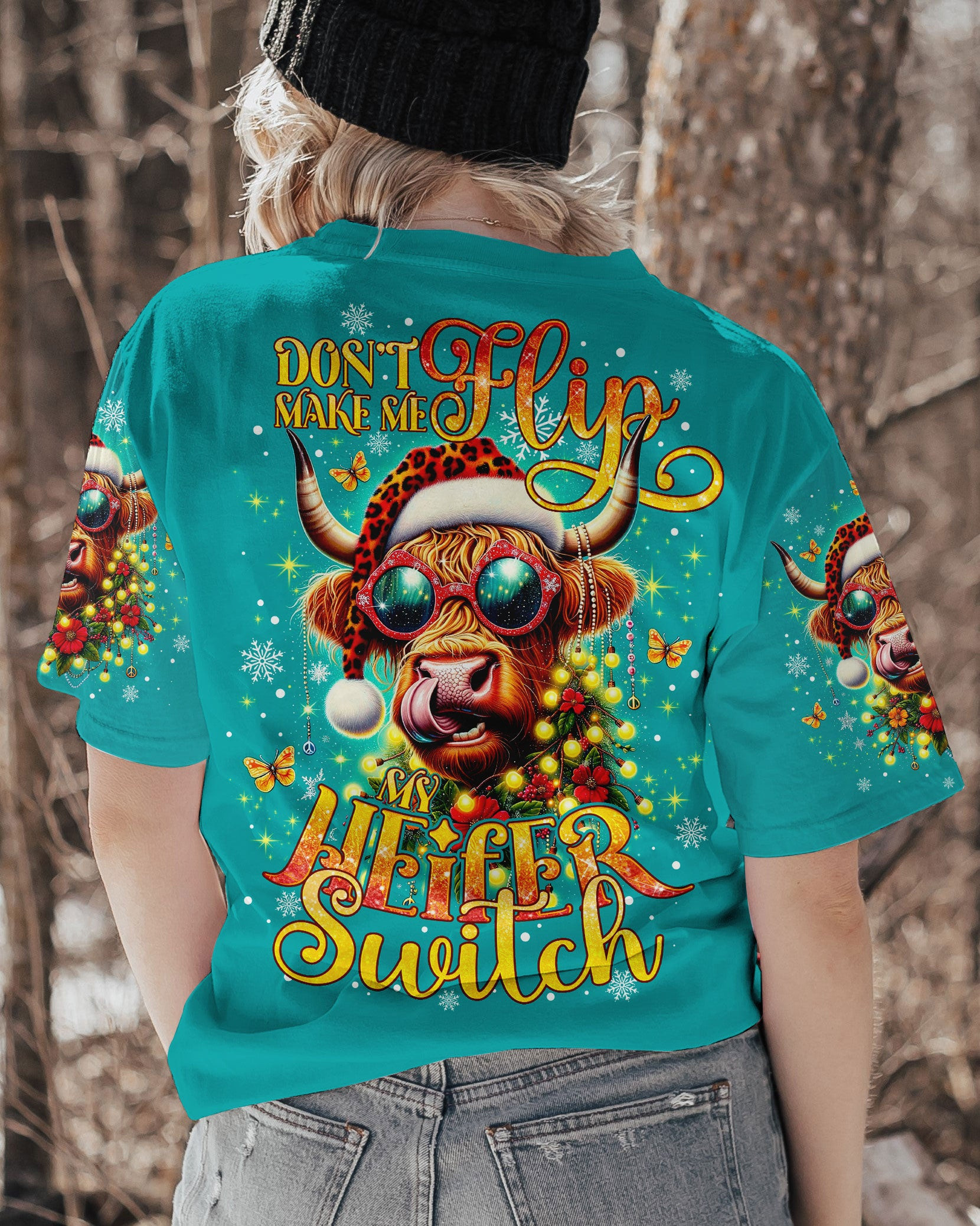 Highland Cow Heifer Switch Christmas T-Shirt Bright Xmas Shirt Cozy Cow Themed Gifts
