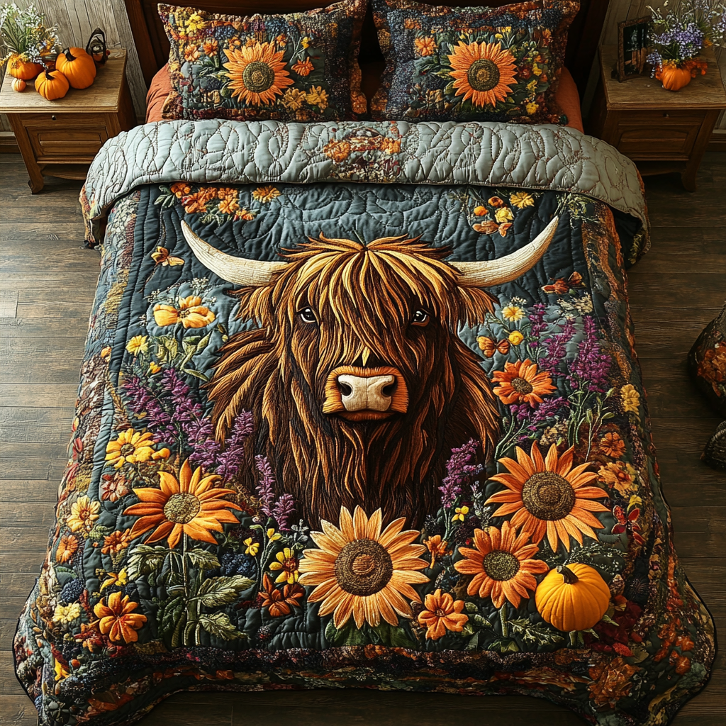 Highland Cow Horizon Quilted Bedding Set Fall Bedding Sets Highland Cow Gifts For Her