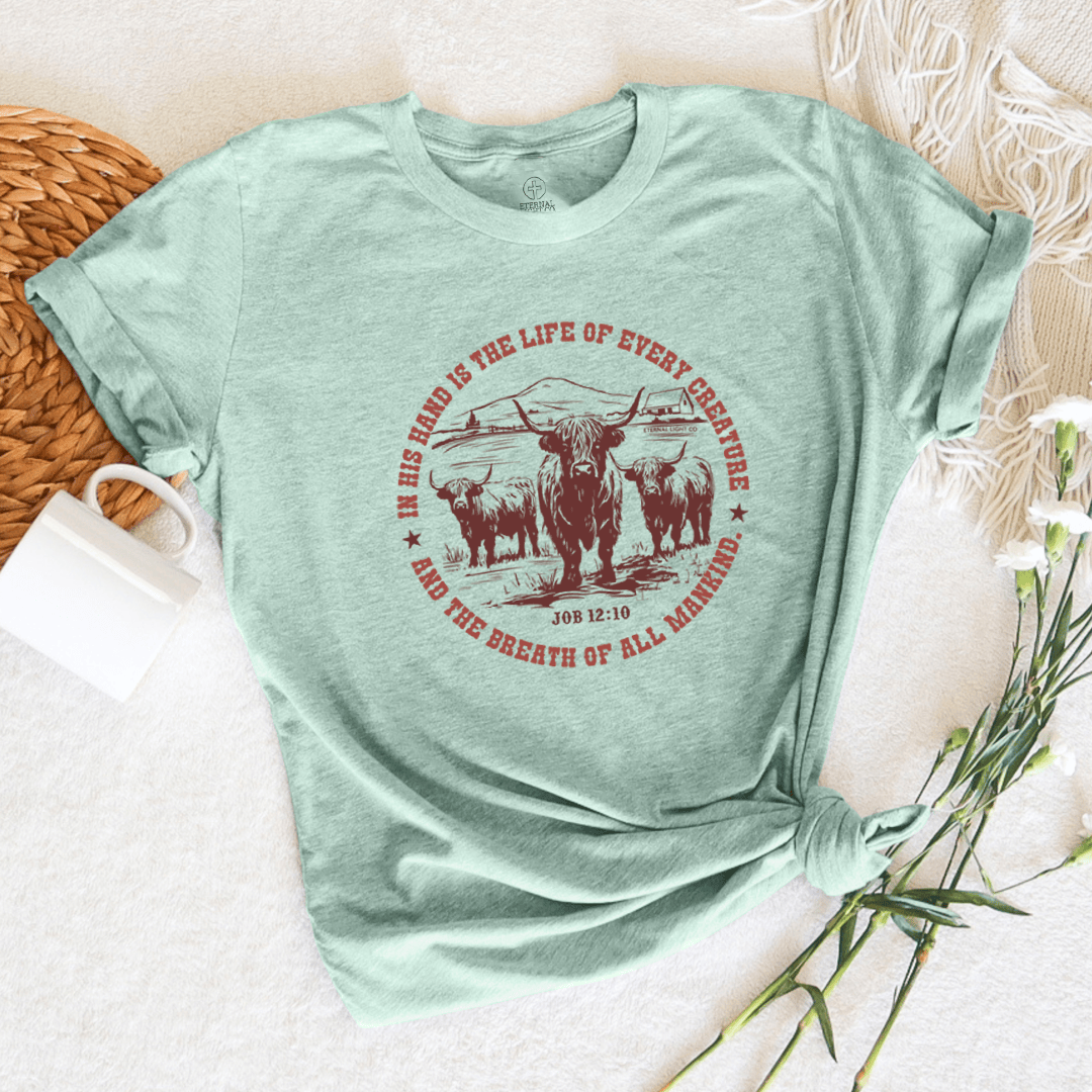 Highland Cow Jesus Shirts In His Hand Is Life Of Every Creature T-Shirt Women Gift Ideas