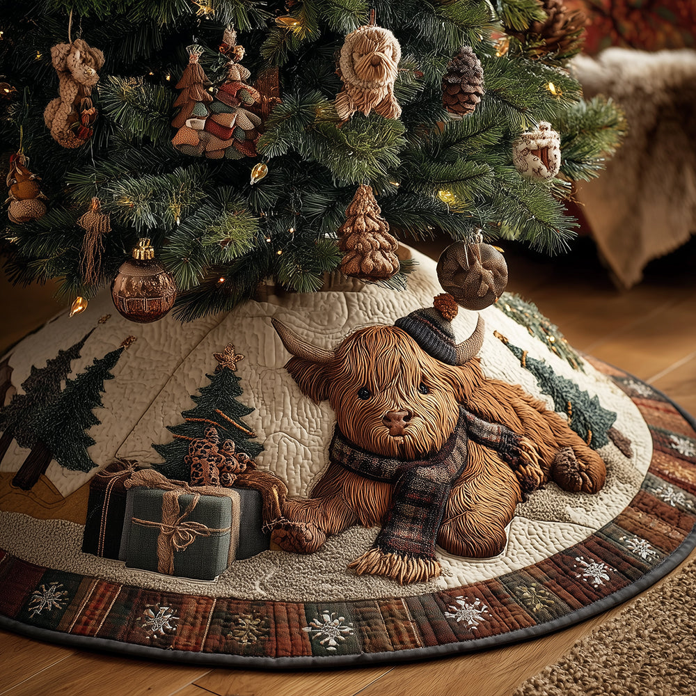 Highland Cow Joy Christmas Quilted Tree Skirt Xmas Decorations Gifts For Highland Cow Lovers