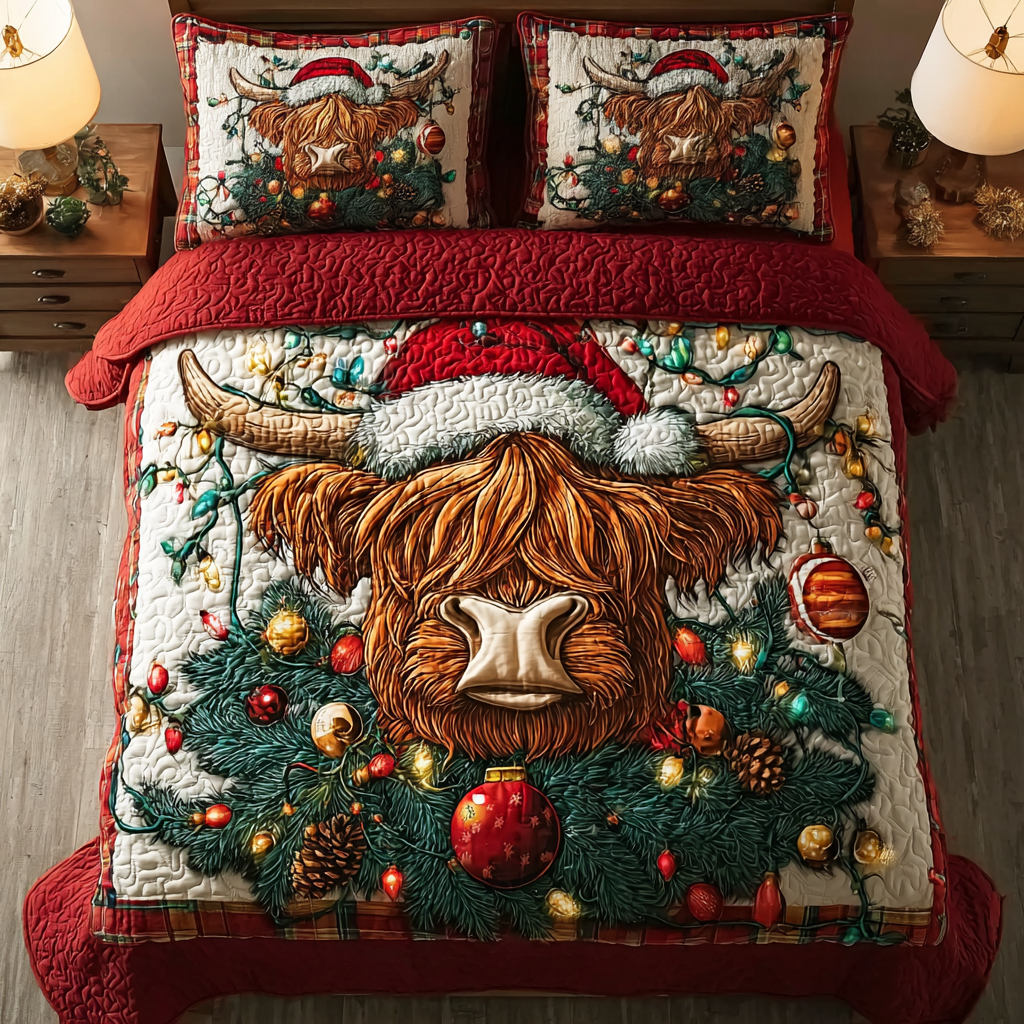 Highland Cow Joy Quilted Bedding Set Christmas Duvet Cover Gifts For Highland Cow Lovers