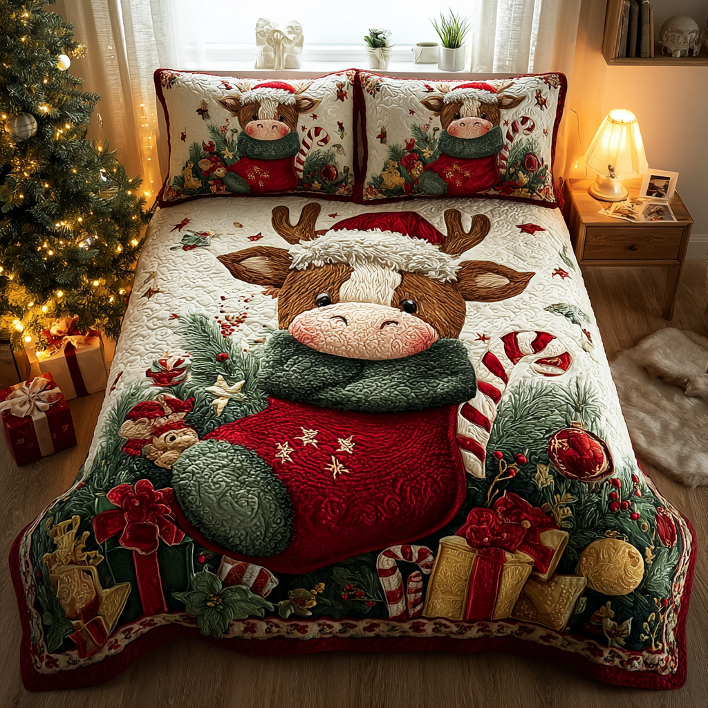 Highland Cow Magic Quilted Bedding Set Christmas Bedding Duvet Cover Highland Cow Gift Ideas