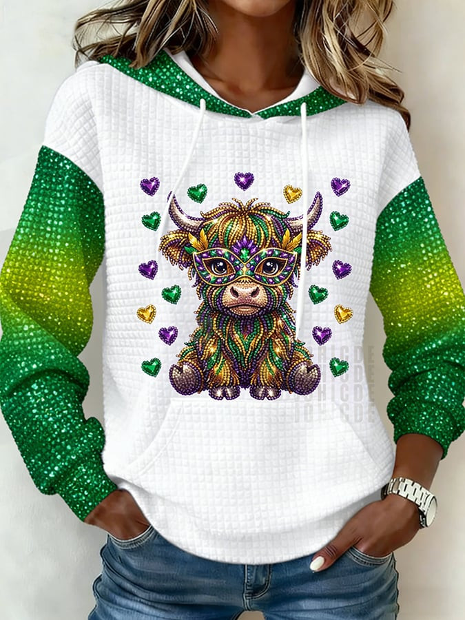 Highland Cow Mardi Gras Waffle Hoodie New Orleans Mardi Gras Hoodie Fleur De Lis Clothes