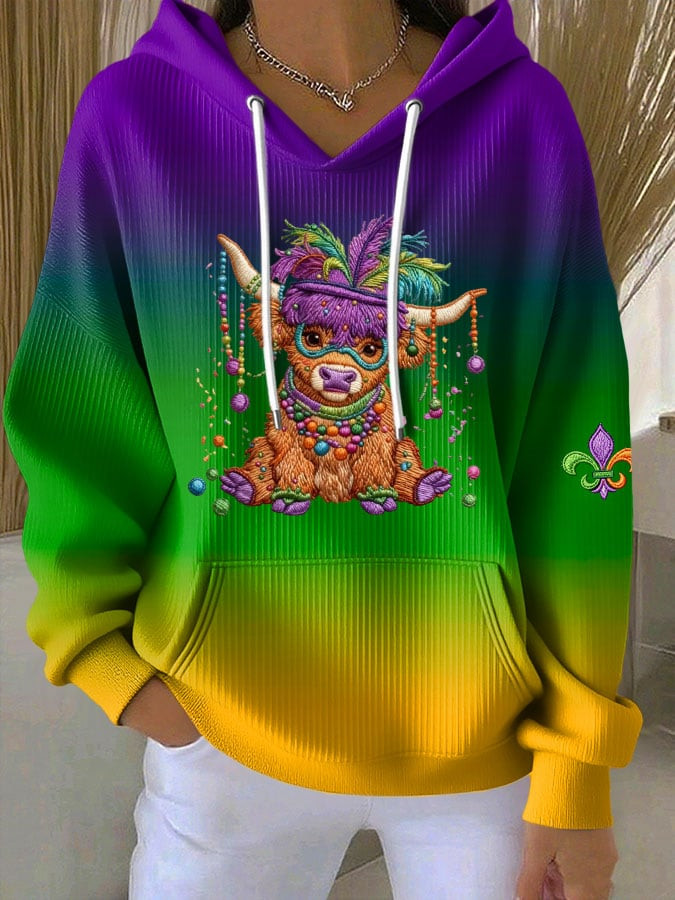 Highland Cow Mardi Gras Waffle Hoodie New Orleans Mardi Gras Hoodie Gifts For Sister