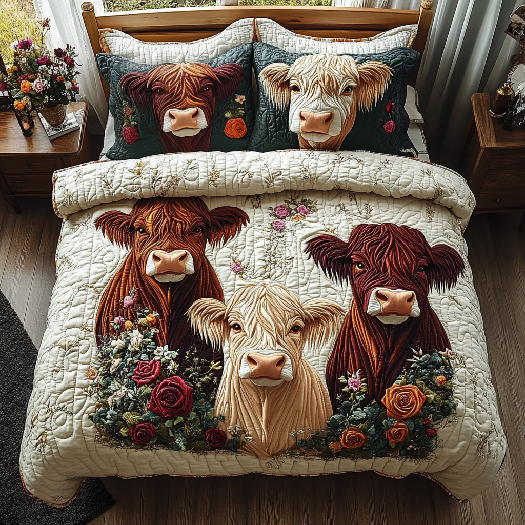 Highland Cow Quilted Bedding Set Best Bed Sheet Set Highland Cow Gifts For Her