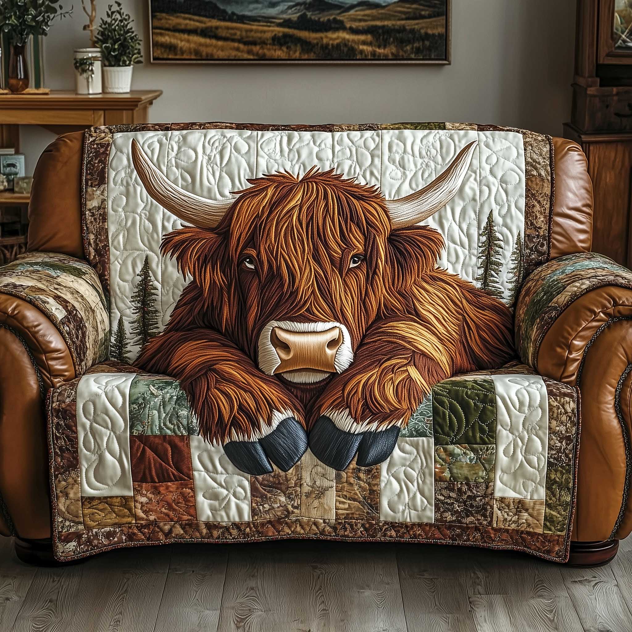 Highland Cow Quilted Furniture Cover Rustic Farmhouse Sofa Protector Cow Lover Gift Ideas