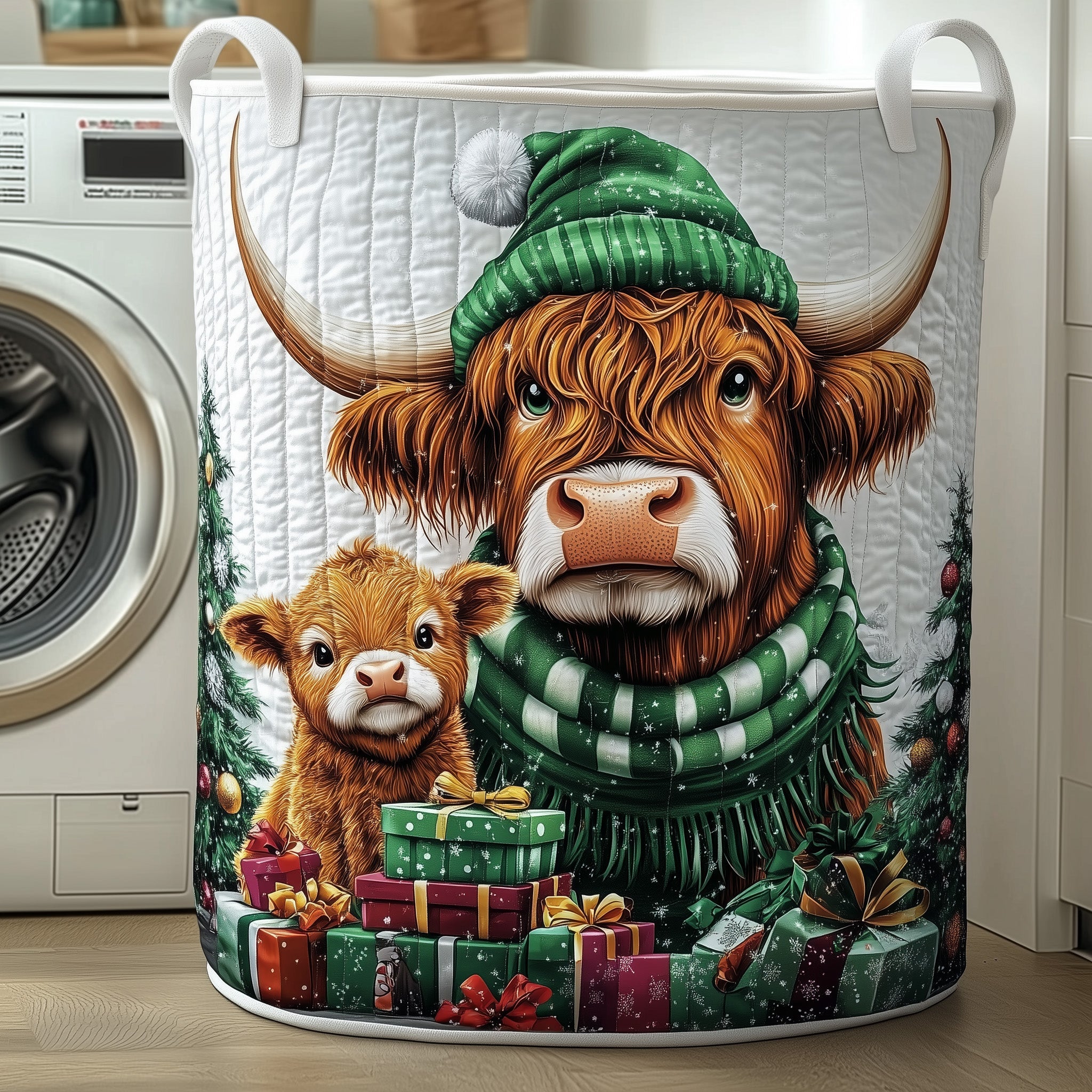 Highland Cow Quilted Laundry Basket Christmas Merch Gift