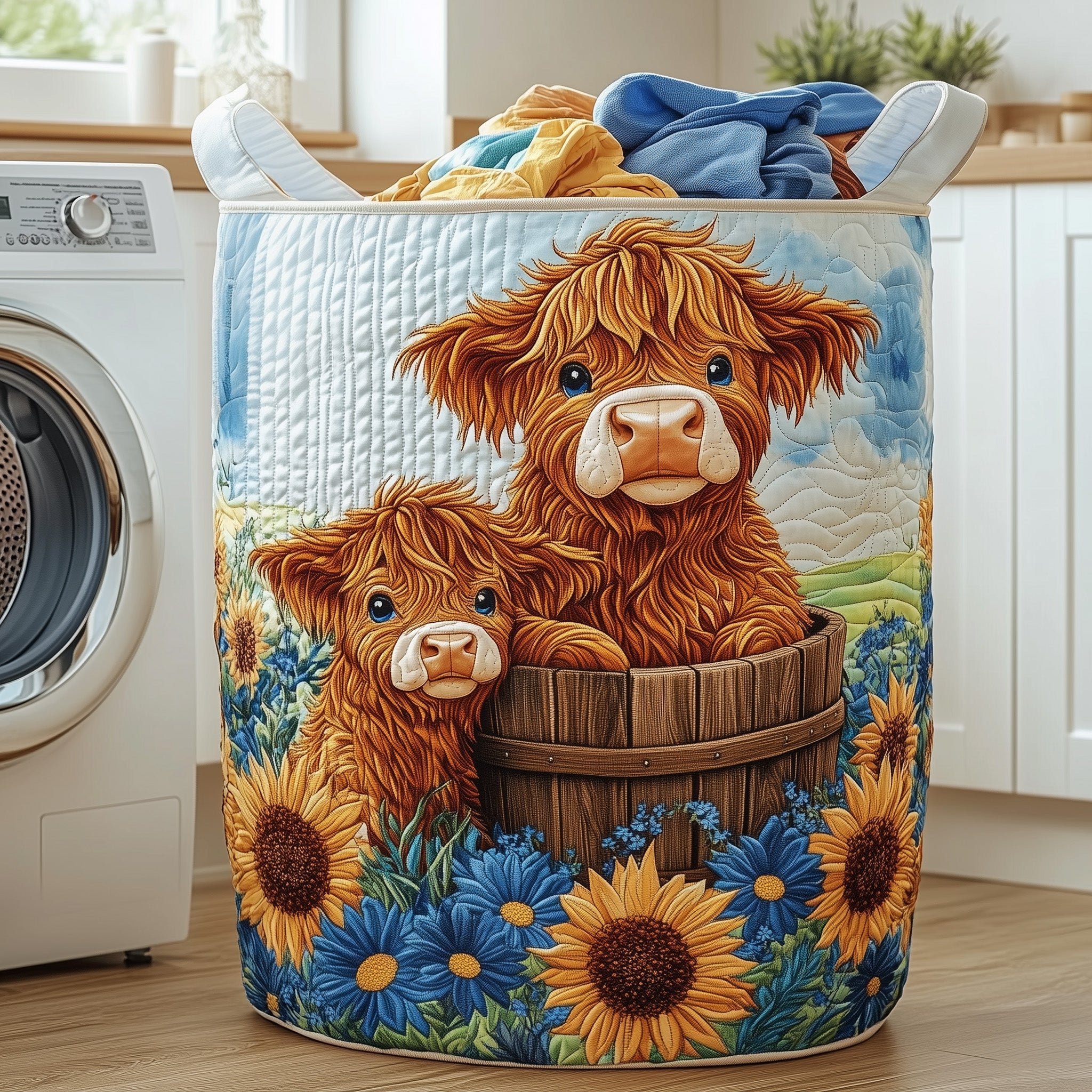 Highland Cow Quilted Laundry Basket Easter Merch Gift