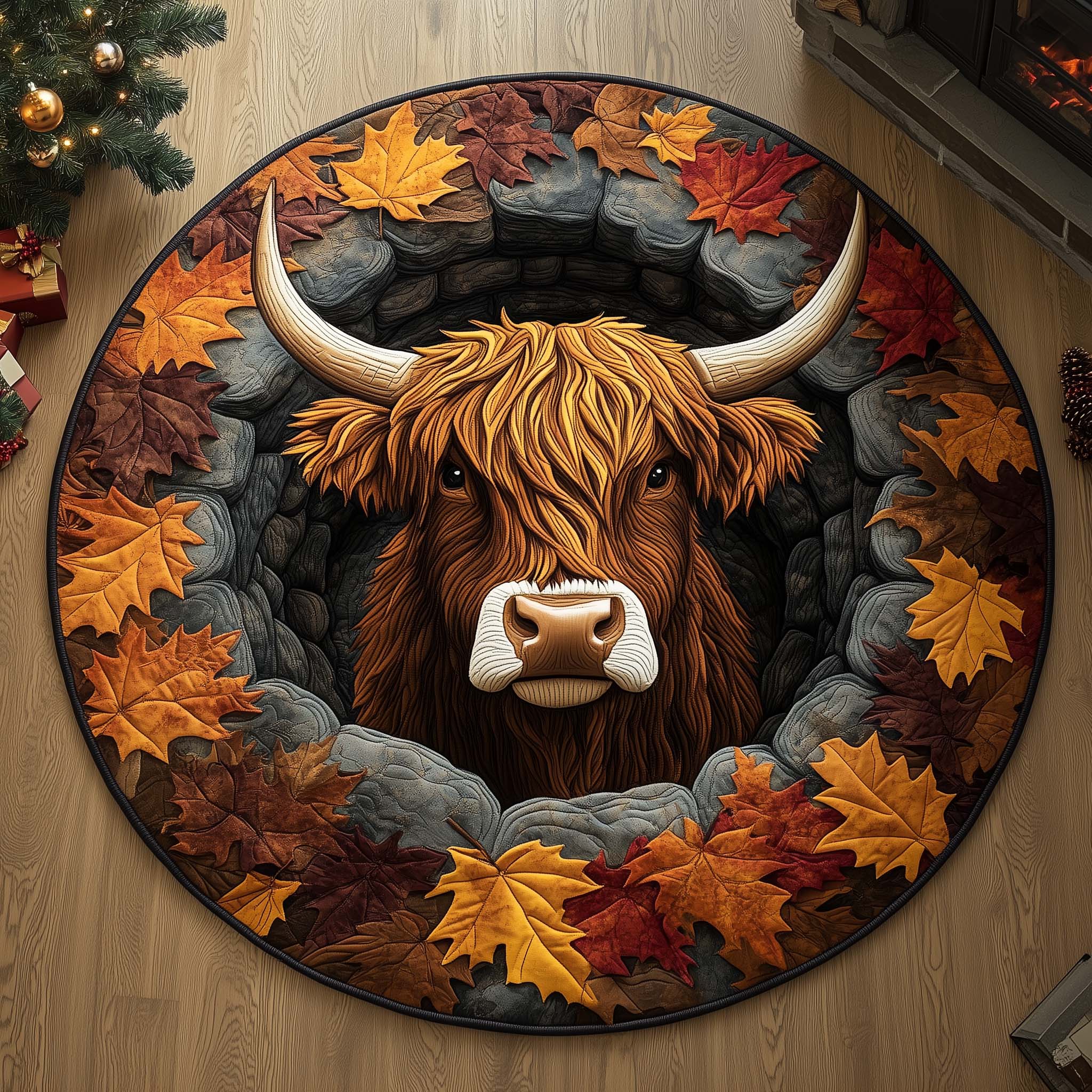 Highland Cow Quilted Round Mat Elegant Quilted Round Mat to Enhance Your Room