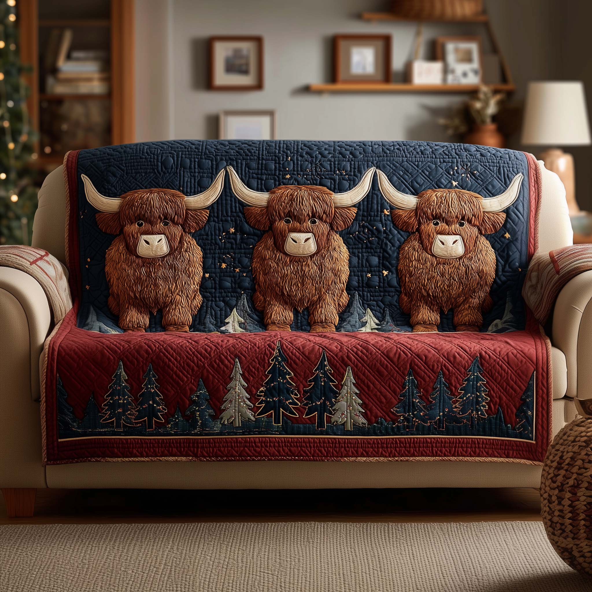 Highland Cow Quilted Sofa Cover Cozy Fuzzy Christmas Theme Cover Cow Lover Gift Ideas